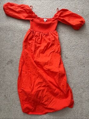 Red Puff Sleeve Smocked Midi Dress